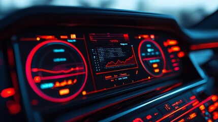 Obraz premium A futuristic car dashboard illuminated with vibrant red and blue lights, displaying digital graphs and controls.
