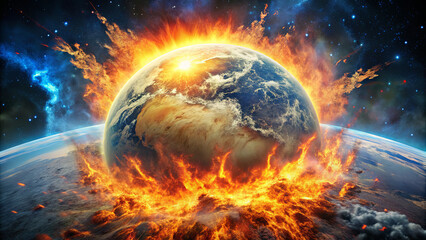 Fototapeta premium A fiery portrayal of Earth engulfed in flames, surrounded by a cosmic backdrop. The sun's rays illuminate the scene, creating an intense atmosphere of chaos and destruction