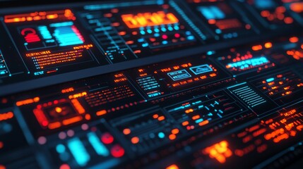 Obraz premium A futuristic digital interface displaying vibrant data panels and controls, featuring glowing elements and high-tech visuals.