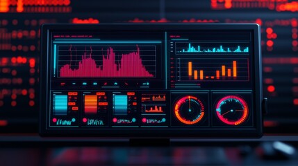Obraz premium A close-up of a computer monitor displaying vibrant data visualizations and metrics, showcasing analytics in a dark, high-tech environment.