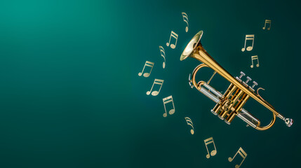 Music background. Golden trumpet with floating musical notes on green background with ample copy space. Perfect for promoting jazz concerts, music classes, brass instrument sales, or cultural events