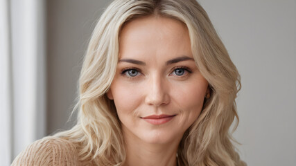 Naklejka premium Head shot portrait pretty blonde woman looking at camera,Portrait of a Confident Blonde Woman in a Casual Setting