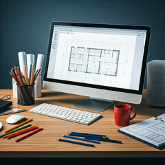 Mesa de trabalho de arquitetura e engenharia.