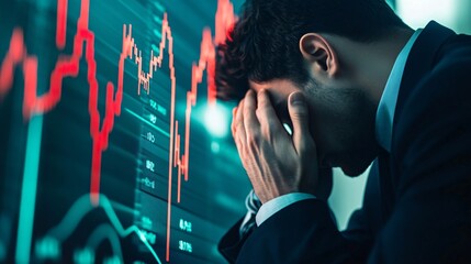 Concept of an economic crash with visuals of declining financial graphs, anxious professionals, and indicators of economic downturn