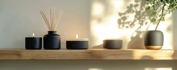 Obraz premium Burning scented candles and reed diffuser creating cozy ambiance on wooden shelf