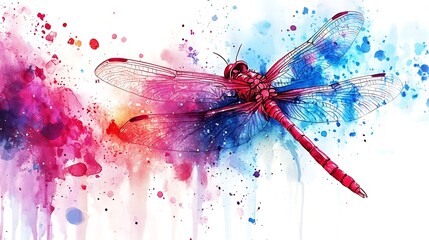 Fototapeta premium Watercolor dragonfly with vibrant pink, blue, and purple hues.