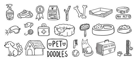 Pet Cat and Dog doodle hand drawn set elements. Pet stuff drawing isolated icons