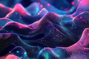 Fototapeta premium A vibrant, abstract landscape of glowing waves and particles, showcasing a blend of blue, pink, and purple hues, resembling digital art or visualizations.