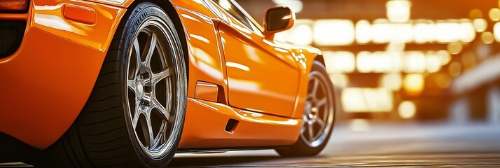 A stunning orange sports car showcases luxury and performance in a beautifully blurred urban background.