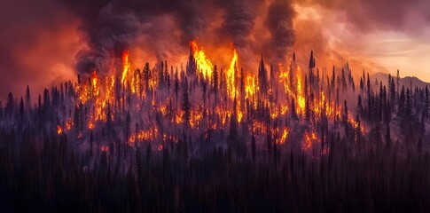 A dramatic wildfire engulfing a forest, showcasing the intensity of nature's destructive power.