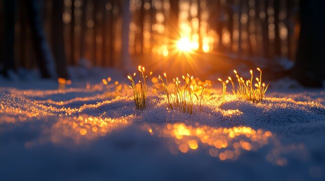 A tranquil forest at dawn on Imbolc with sunlight illuminating fresh green shoots in the snow