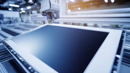 Workers assembling and inspecting large flat-screen TVs on a high-tech manufacturing line. Precision and teamwork in the production of advanced electronic devices.