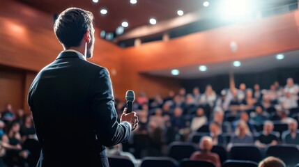 Fototapeta premium A speaker delivers a presentation to an engaged audience in a well-lit auditorium, showcasing the dynamics of public speaking.
