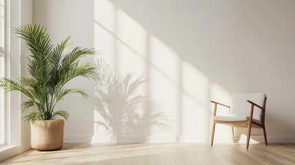 A bright, minimalist room featuring a chair and a lush potted plant, illuminated by natural light casting soft shadows on the floor.