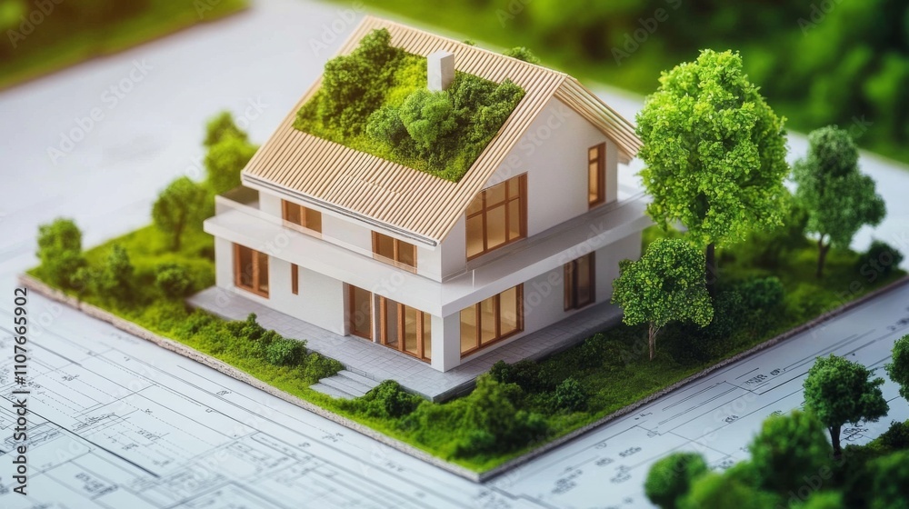 Poster a detailed model of an environmentally friendly home, designed with ai technology. the house is surr
