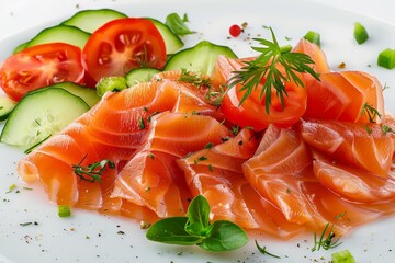 Sashimi, Raw Red Fish, Trout Slices, Salted Salmon Fillet with Cucumber and Greens on Elegant Flat Plate