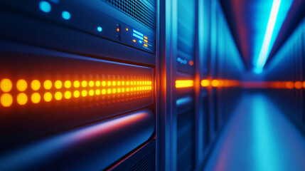 Futuristic Data Center Corridor with Illuminated Servers and Vibrant Blue Orange Lighting