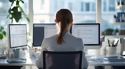 Visualization of a secretary in a professional office environment, showcasing office organization, modern technology, and administrative efficiency