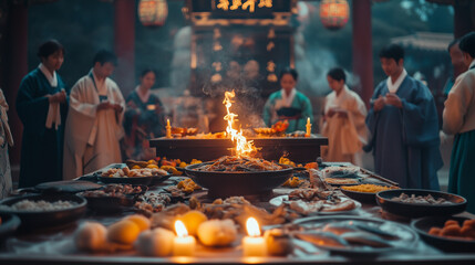 Ancestor veneration ritual with offering table full of traditional foods such as fruits, fish, and rice, candles burning on the altar, Ai generated images