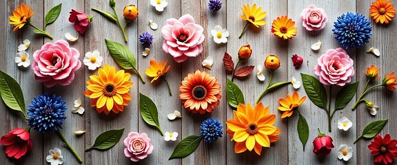 A colorful bouquet of flowers is arranged on a wooden surface. The flowers include daisies, roses, and sunflowers, with a variety of colors such as pink, yellow, and blue