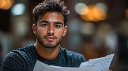 A young man reads documents in a cozy, softly lit setting.