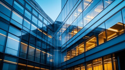 Concept of office buildings featuring contemporary architecture, sleek glass facades, and professional environments for business operations