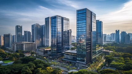 Fototapeta premium Image of office buildings with emphasis on modern high-rise structures, sleek design, and professional urban settings for business use
