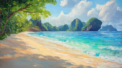 Breathtaking view of a tropical island beach with crystal-clear waters, vibrant greenery, and serene