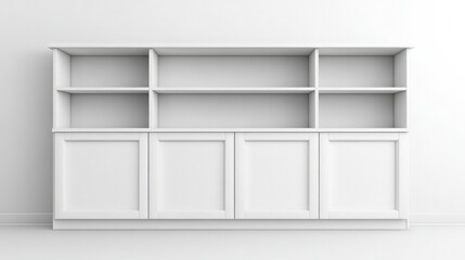A white kitchen cupboard with multiple shelves, isolated on a white background for easy product display or interior design mockups