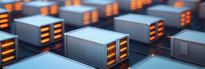A futuristic array of storage containers with illuminated sections, suggesting advanced technology and organization in a data center or warehouse setting.