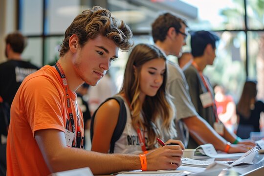 A group of young students focuses on registration details at a lively educational event. The atmosphere is vibrant as they interact and fill out forms together