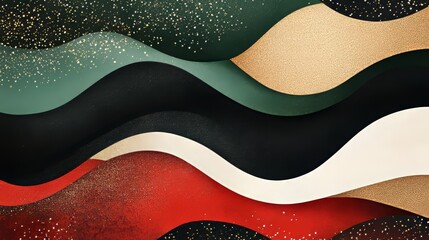 Fototapeta premium Abstract wavy shapes in festive colors like red, green, and gold, combined with subtle textures like snowflakes or glitter, arranged asymmetrically, 16:9