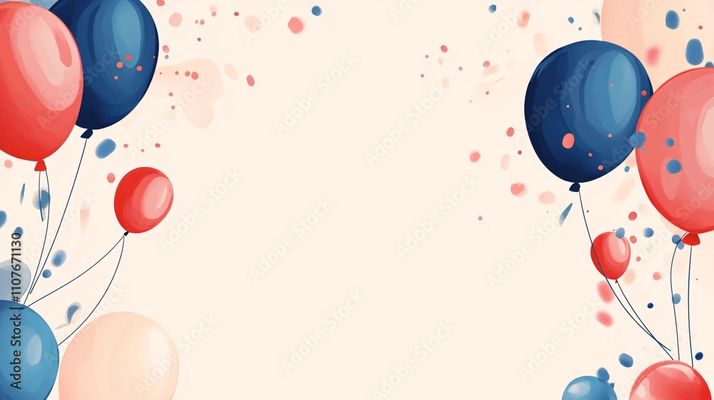 Poster colorful balloons floating with falling confetti on light beige background