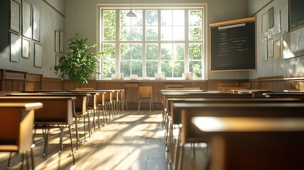 Fototapeta premium Serene Classroom Bathed in Morning Light with Warm Wooden Finishes