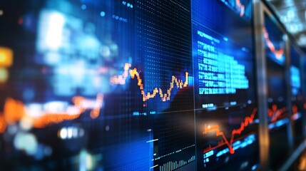 High-tech trading screens displaying live stock market updates and financial news in a bustling trading environment