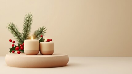 Fototapeta premium A serene arrangement of candles with greenery and berries, set against a soft beige background, evoking a cozy and festive ambiance.