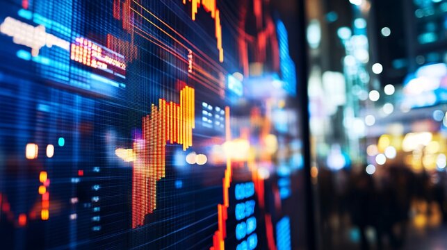 High-tech trading screens displaying live stock market updates and financial news in a bustling trading environment