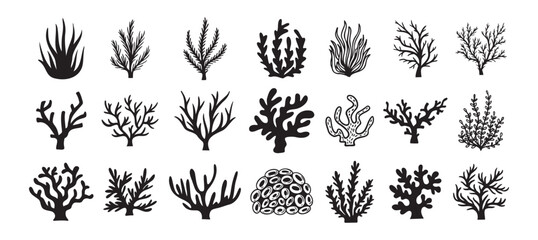 Coral silhouettes, seaweed black icon. Abstract organic corals shape, underwater plant, sea doodle. Cartoon marine floral isolated set 