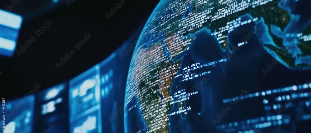 Poster a digital globe displaying data and information, emphasizing global connectivity and technology.