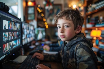Obraz premium A boy sits at a cluttered desk, intently working on a computer. Surrounding him are shelves filled with books and warm lighting, creating a cozy atmosphere