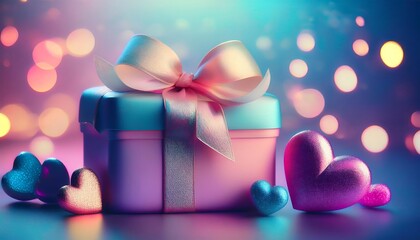 Fototapeta premium A gift box with hearts for Valentine's Day, set against a pink and blue bokeh background.