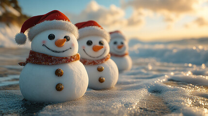 Obraz premium Snowmen decorated with hats and scarves on a sandy seashore, illuminated by the golden sunrise