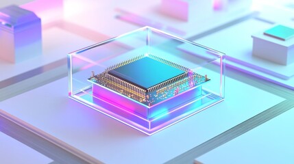 A 3D rendering of a white circuit board with a blank space on the CPU for text or a banner focused on industrial innovation and technology.