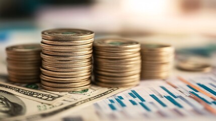 Financial success concept with stacks of money, investment charts, and profit graphs showcasing wealth accumulation