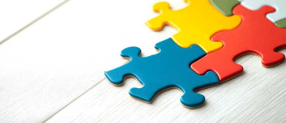 Fototapeta premium Colorful puzzle pieces fitting together on a light wooden surface, symbolizing problem-solving and creativity.