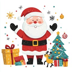colorful and vibrant image of a cartoon santa claus with christmas tree, christmas gifts, reindeer in white minimalistic background 