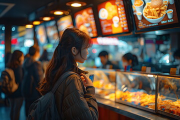 Fototapeta premium A young woman stands thoughtfully in front of a fast food counter, looking at the menu boards while surrounded by other customers. The warm lighting creates a lively evening atmosphere