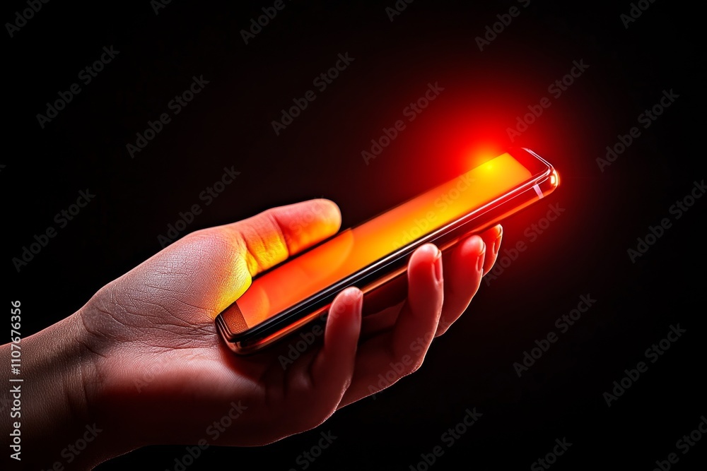 Poster A close-up image of a hand holding a cellphone with a glowing notification on the screen, set against a dark background