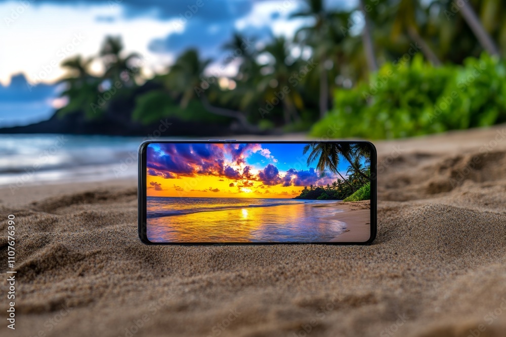 Poster a close-up image of a sleek smartphone capturing a stunning sunset, with the photo displayed on its 