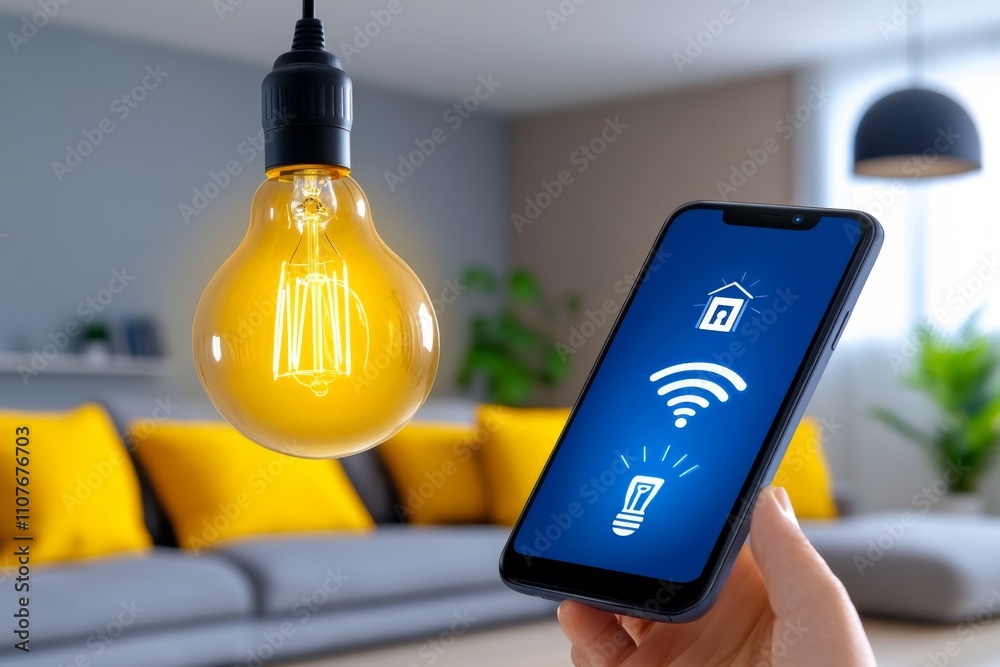 Aufkleber a close-up of a cellphone being used to control smart home devices, with lighting and temperature ic